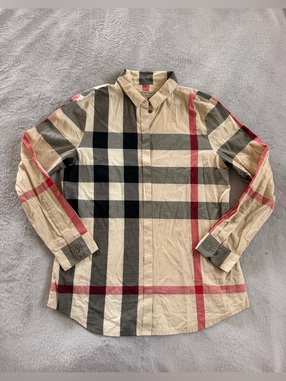 Burberry Women’s Beige Plaid Button-Up Shirt with Black & Red Stripes Size S